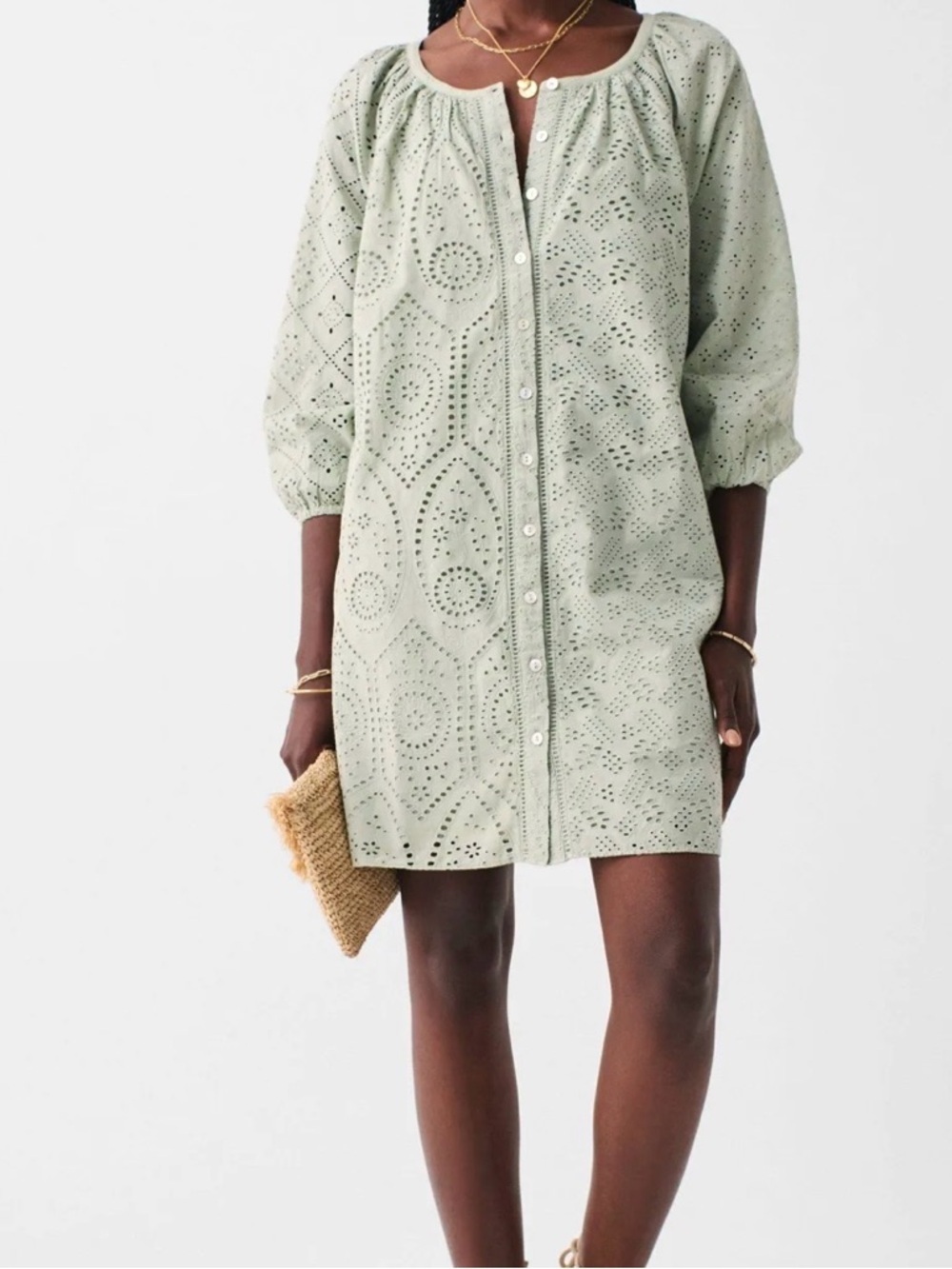 Faherty Sage Green Eyelet Button-Front Dress Organic Cotton Beach Boho